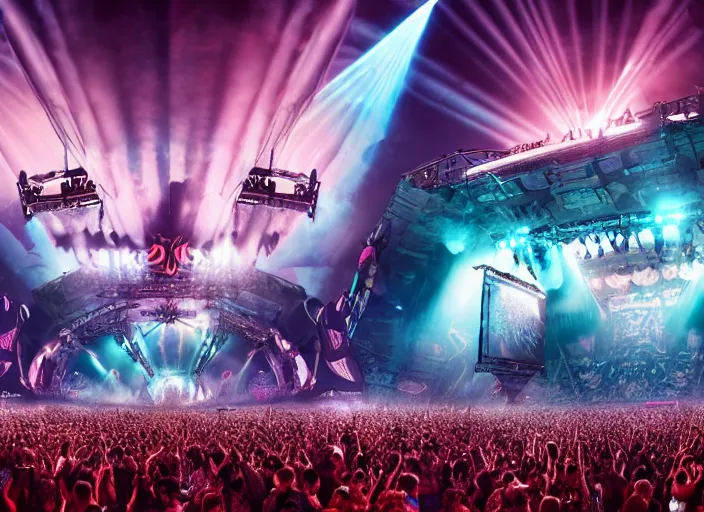 Prompt: ultra realistic, mainstage of defqon 1 music festival in 2 0 5 0, futuristic, octane render, sharp focus cinematic lighting, dramatic perspective, highly detailed, ultra realistic, masterpiece, 4 k, 8 k