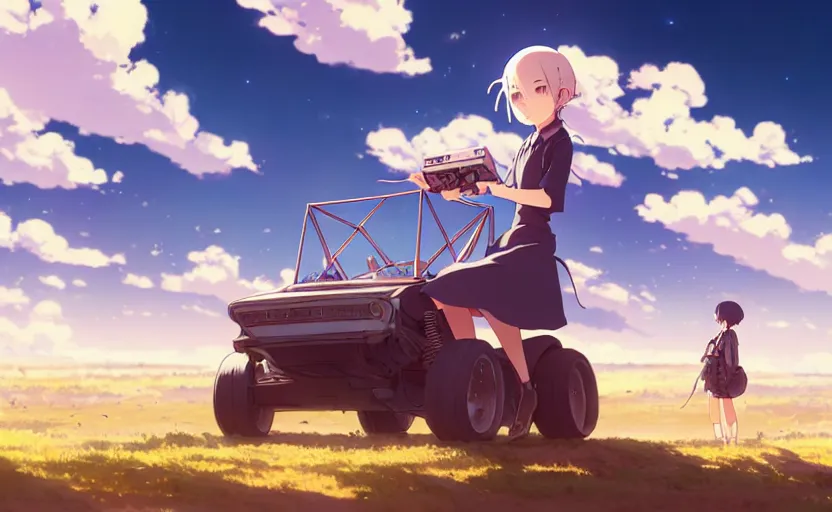 Prompt: a high school girl controlling a radio controlled buggy, clear summer sky background, dirt and luch landscape, illustration concept art anime key visual trending pixiv fanbox by wlop and greg rutkowski and makoto shinkai and studio ghibli and kyoto animation, race event, backlit