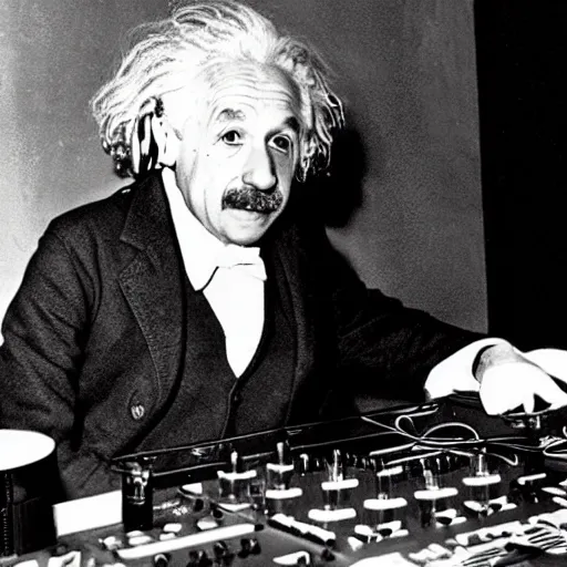 Prompt: photo of albert einstein as a dj behind the dj decks in the club with headphones on and in a cool pose