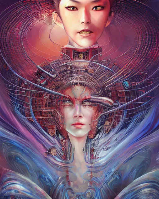 Image similar to neo china arrives from the future, by antonio j. manzanedo, giger, alex grey, android jones, wayne barlowe, philippe druillet, raymond swanland, cyril rolando, josephine wall, harumi hironaka, trending on artstation