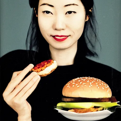 Prompt: A Japanese woman with a hamburger for a head, portrait, Taschen, by David Bailey