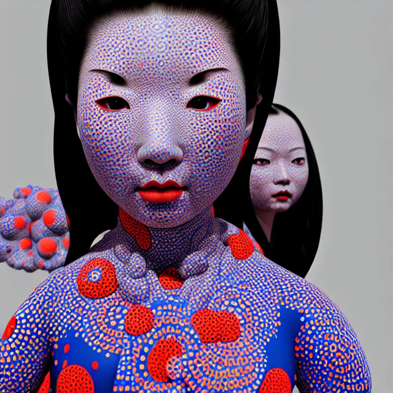 Image similar to hyperrealistic detailed image of a geisha in a art installation room, hd smooth interior by yayoi kusama, part by kei mieno, part by ross tran, dark art by james jean, ultra realistic, highly detailed, life like face, detailed body, 8 k, 3 d render by roger magrini, masterpiece