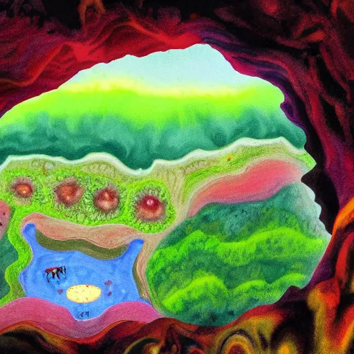 Prompt: painting of a colorful fungus garden in a cave, birds eye view, dark, foggy, cavern, shy beetles, river running through it