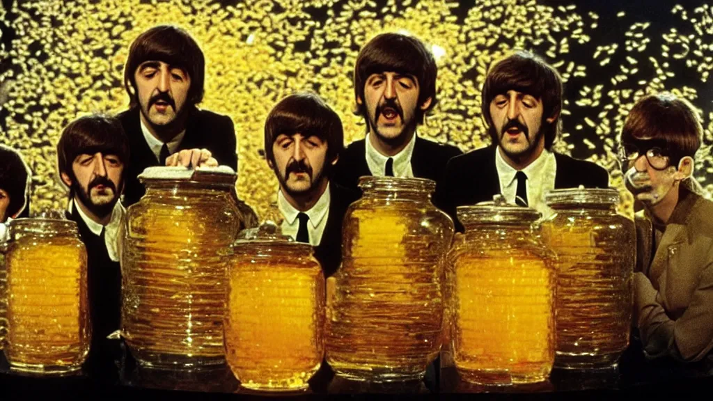 Image similar to The Beatles!!! drowning in honey! in a large honey jar, film still from the movie directed by Denis Villeneuve with art direction by Salvador Dalí, wide lens