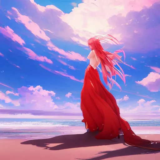 Image similar to octane render panoramic shot of a beautiful anime girl in a long white dress on a beach. Red hair, dramatic lighting, trending on artstation. Pixiv, Hyperdetailed, Ultra HD, WLOP, Rossdraws, James Jean Marc Simonetti, Ruan Jia and Mandy Jurgens and Artgerm and William-Adolphe Bouguerea, Sakimichan, Yuru camp, Illustration, digital art, concept art, manga cover