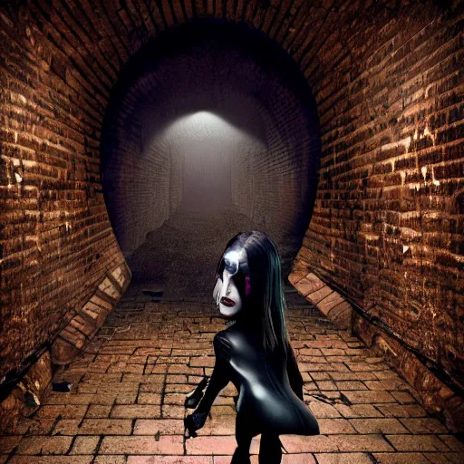 Image similar to a victim being intimidated by a succubus in a leather suit, devi wings, cracked brick wall, long hallway, light at the end of the tunnel, volumetric lighting, concept art, fantasy, dramatic lighting, daz, by mark ryden, hayao miyazaki