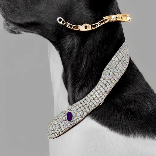 Prompt: Diamond encrusted dog's collar, with the Andromeda galaxy as a large gem stone, 8k,