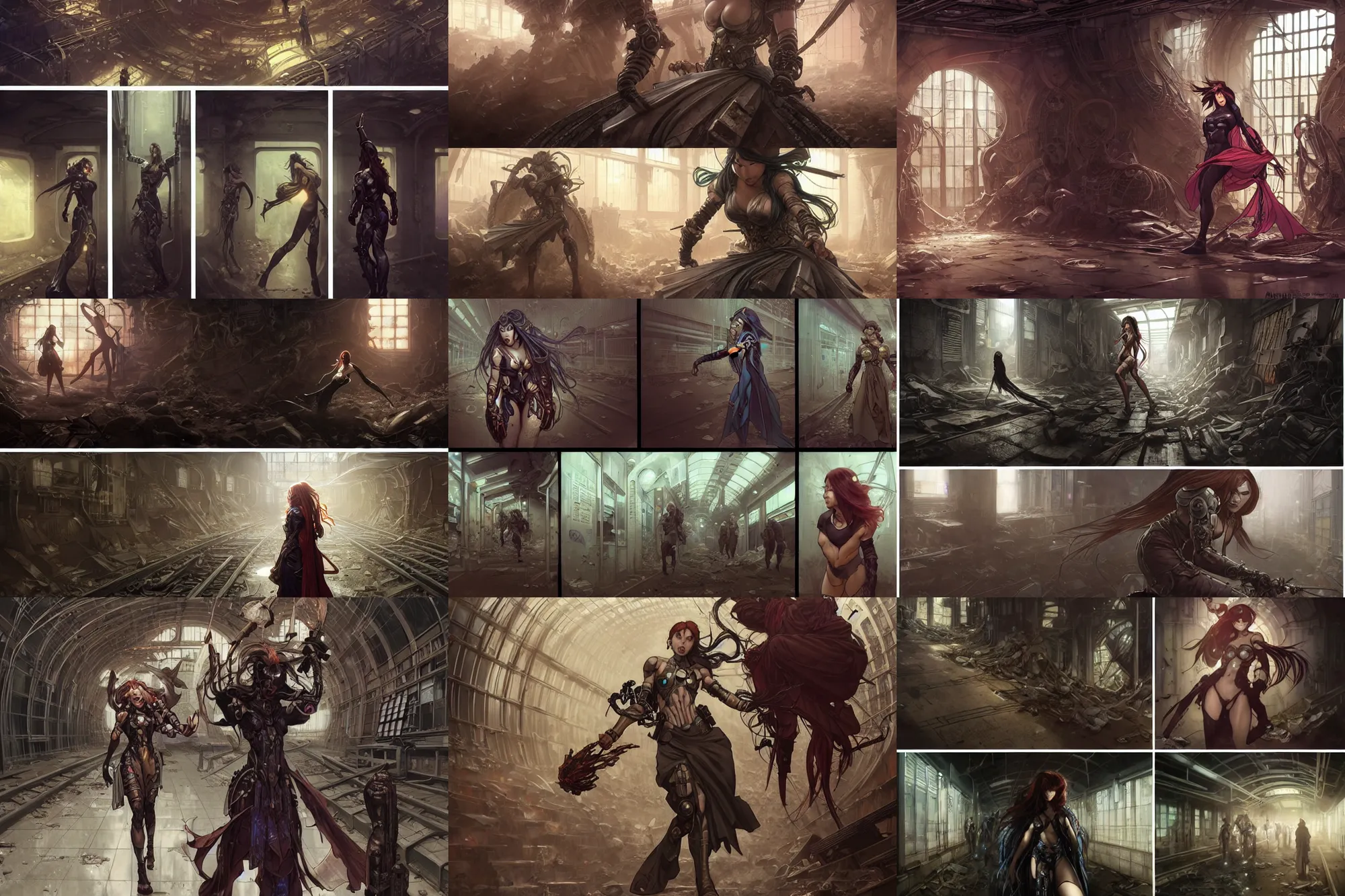 Prompt: incredible comic panels showing a beautiful cyborg warrior priestess escaping from demons in an abandoned Tokyo subway station, Marvel Comics, D&D, fantasy, intricate, elegant, highly detailed, digital painting, artstation, concept art, smooth, sharp focus, illustration, art by artgerm and greg rutkowski and alphonse mucha and WLOP, set in post apocalyptic Tokyo, overgrown plants, dapped light, large draped cloth, tissue ornament, dark fantasy, feminine figure, smooth skin, gorgeous, pretty face, beautiful fashion model body, high detail, hyper realistic, digital illustration, trending on artstation