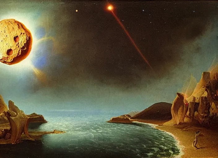 Image similar to earth during the cretaceous – paleogene extinction event, just as the asteroid is colliding with earth, focus is on the asteroid itself in the style of hudson river school of art, oil on canvas