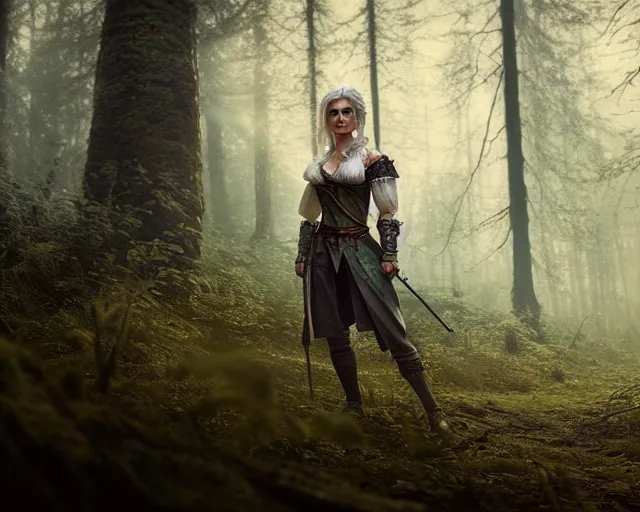 Prompt: 5 5 mm portrait photo of mkurilenko as ciri, in a forest. magical atmosphere. art by greg rutkowski. highly detailed 8 k. intricate. lifelike. soft light. nikon d 8 5 0.