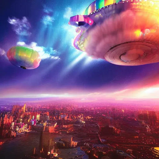Prompt: cloud city made of multicoloured jewels, fantasy, fluffy clouds, sun rays reflecting off of city, cinematic, octane render, art station, dramatic lighting, beautiful moonlight night, concept art, rococo, photorealistic, intense detail, 8 k