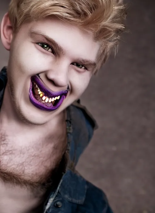 Prompt: blonde young guy with scary smile and completely purple catlike eyes