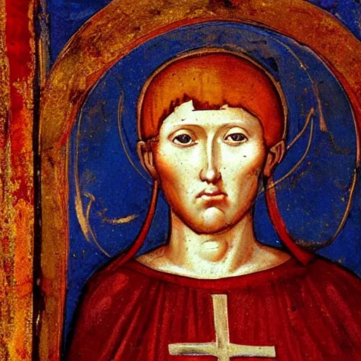 Image similar to a woman with red short hair, red hair, wearing a medieval armor, a halo on her head, holy saint, holy ichonography, catholic fresco