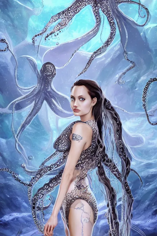 Image similar to young angelina jolie as an octopus witch dressed in intricate silver clothing surrounded by underwater particles above sharks and sea creatures, fantasy, wlop, trending on artstation, deviantart, anime key visual, official media, professional art, 8 k uhd