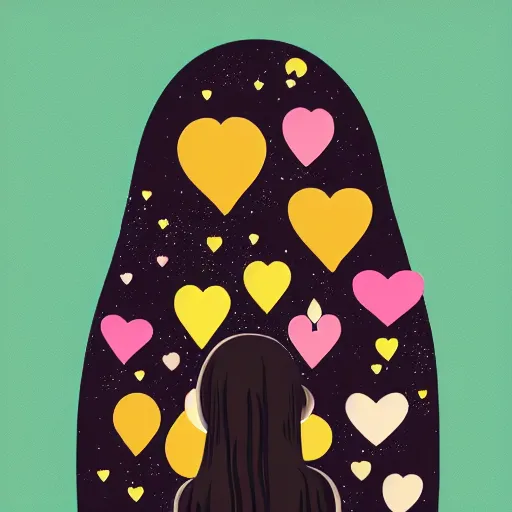 Image similar to a silhouette of a long haired woman, outer space, hearts, album art,