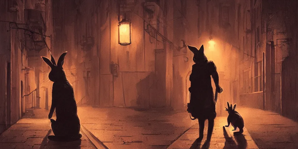 Prompt: rabbit is talking with a cat in a dark alley, warm color palette, night time, dramatic lighting, noir film, fine details, high contrast, blacksad, kim jung gi, greg rutkowski, trending on artstation, 8 k, ultra wide angle