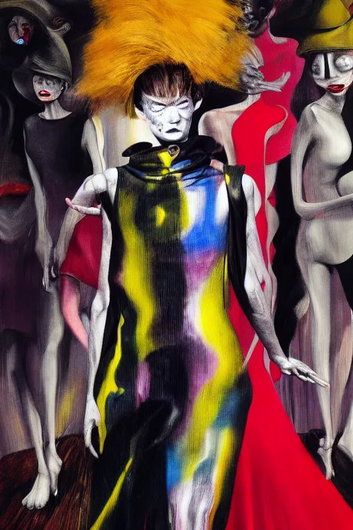 Image similar to crazy fashion catwalk, one model, crazy clothes, hauntingly surreal, highly detailed painting by francis bacon, edward hopper, adrian ghenie, gerhard richter, and james jean soft light 4 k,