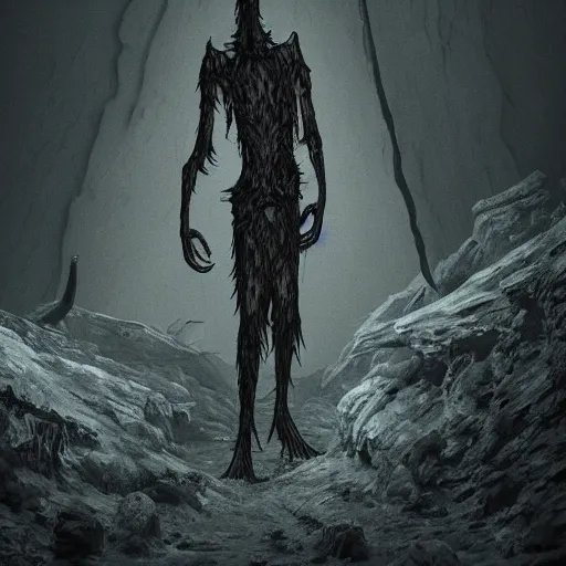 Prompt: tall bipedal creature in the darkness, long claws, large long pointy teeth, drooling, hunched over, dark cavern, no light, highly intricate, detailed, 8 k