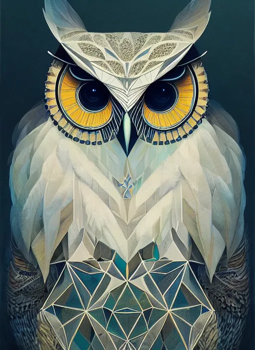 Image similar to portrait of a geometric owl, identical eyes, medium shot, illustration, full body made of white feathers, symmetrical, art stand, super detailed, cinematic lighting, and its detailed and intricate, gorgeous, by peter mohrbacher