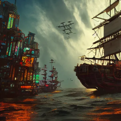 Prompt: high quality photo of a pirate ship in a cyberpunk cyberpunk cyberpunk city, realism, 8k, award winning photo, sunny