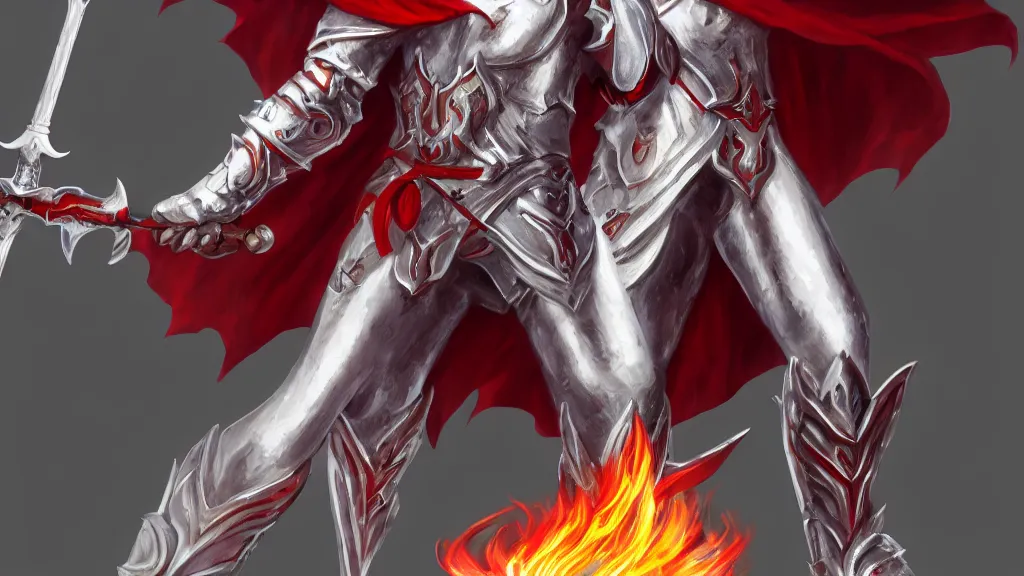 Prompt: male angel holding a flame sword, white metallic armor, red cape, detailed arms, intricate white armor, two arms, two legs, detailed fanart, rpg art, d&d art, macro art, digital art, DeviantArt, artstation, 8k HD