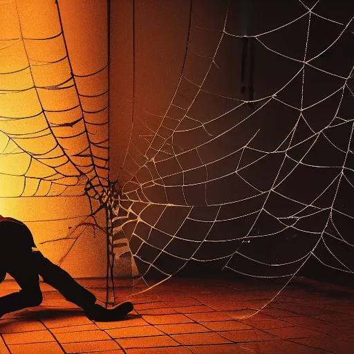 Image similar to a man pushed flat against a wall with limbs spread out covered with a large spider web, cinematic lighting, deep colors, epic scale