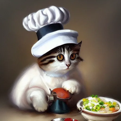 Image similar to head and shoulders masterpiece portrait of a cute adorable cat wearing a chef hat, preparing a fancy lunch in a European bistro, digital art by Krenz Cushart, trending on artstation, cgsociety,