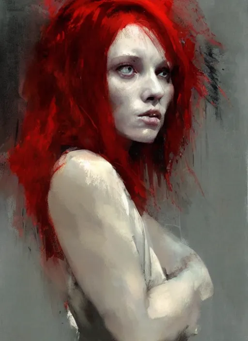 Prompt: portrait painting of beautiful red head ancient irish priestess, by jeremy mann, only one head single portrait