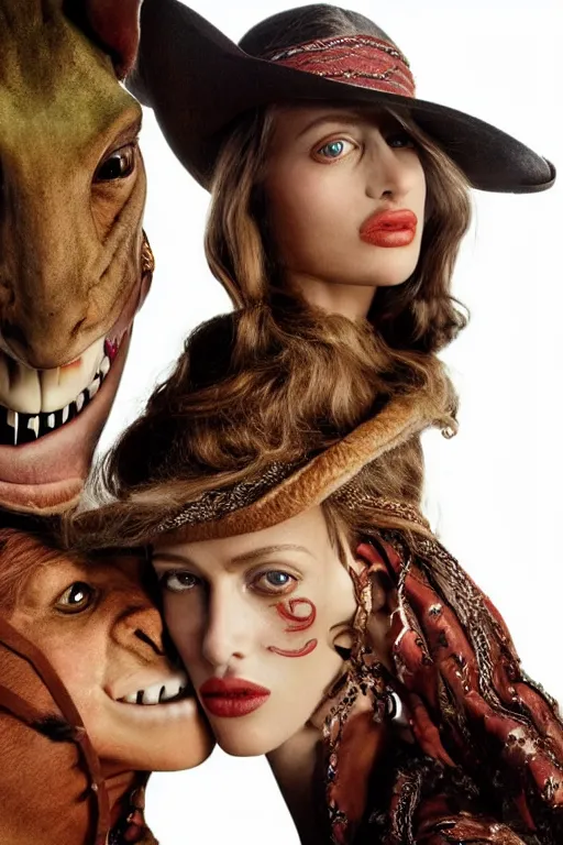 Image similar to dolce & gabbana campaign featuring jar jar binks as a female cowgirl, long eyeslashes, huge juicy lips, big seductive eyes, unprocessed colors, # nofilter, shot by annie leibovitz, realistic vfx simulation