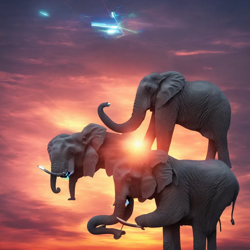 Prompt: A single elephant with lasers coming out of it's eyes, cyberpunk elephant in front of a sunset