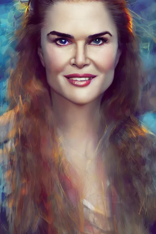 Image similar to mix of beautiful young maria shriver, mariel hemmingway, brooke shields, nicole kidman and elle macpherson as a snake, thin lips, hair tied up in a pony tail, dark blonde hair, colorful, artstation, cgsociety