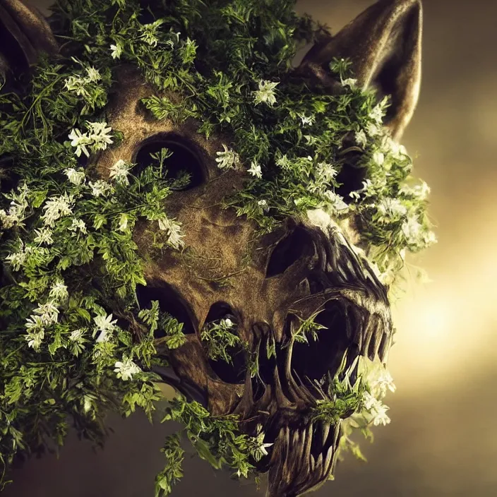 Image similar to overgrown foliage on a realistic wolf skull, close - up, beautiful, lens flare, emotional, sweet, flowers, detailed, picture, artstation, award - winning