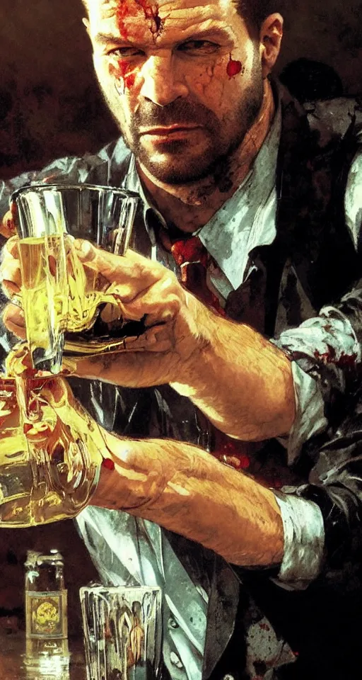 Image similar to close up of bloodied max payne pouring a drink, sun shining, photo realistic illustration by greg rutkowski, thomas kindkade, alphonse mucha, loish, norman rockwell.