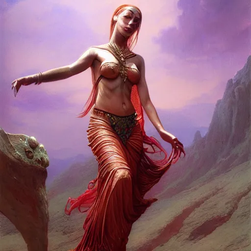 Prompt: cute female bellydancer dragon, ultra realistic, anthropomorphic, stuning 3 d render, masterpiece, glowing holy aura, by donato giancola and greg rutkowski and wayne barlow and zdzisław beksinski, realistic face