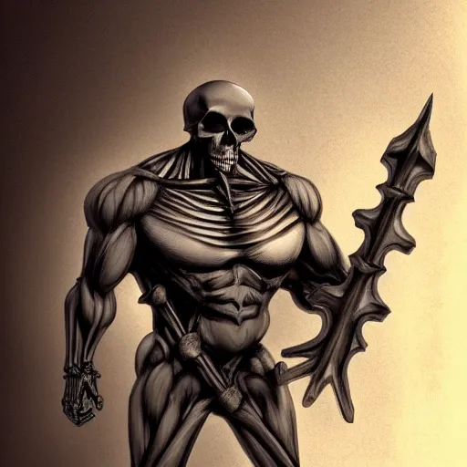 Image similar to A Large Muscular man with a Skeleton Head, high quality digital concept art