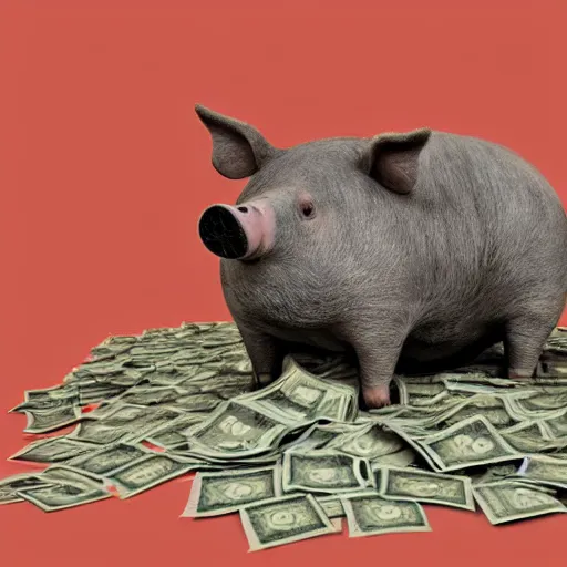 Prompt: a muddy pig rolling in a pile of money, digital art, high quality