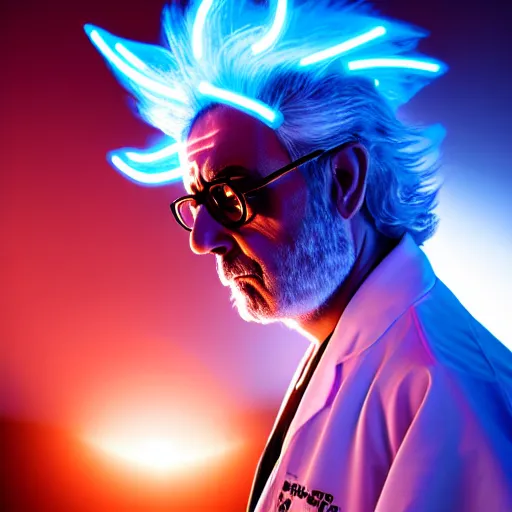 Image similar to portrait of rick sanchez, lab coat and tee shirt, lens flare, atmosphere, glow, detailed, intricate, full of colour, cinematic lighting, 4 k, hyperrealistic, focused, extreme details, cinematic, masterpiece