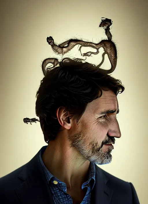 Image similar to a profile portrait of justin trudeau with translucent skin, visible cranial cavity with cobwebs, dust and rats, beautiful detailed intricate insanely detailed octane render, 8 k artistic photography, photorealistic, chiaroscuro, by david cronenberg, raphael, caravaggio