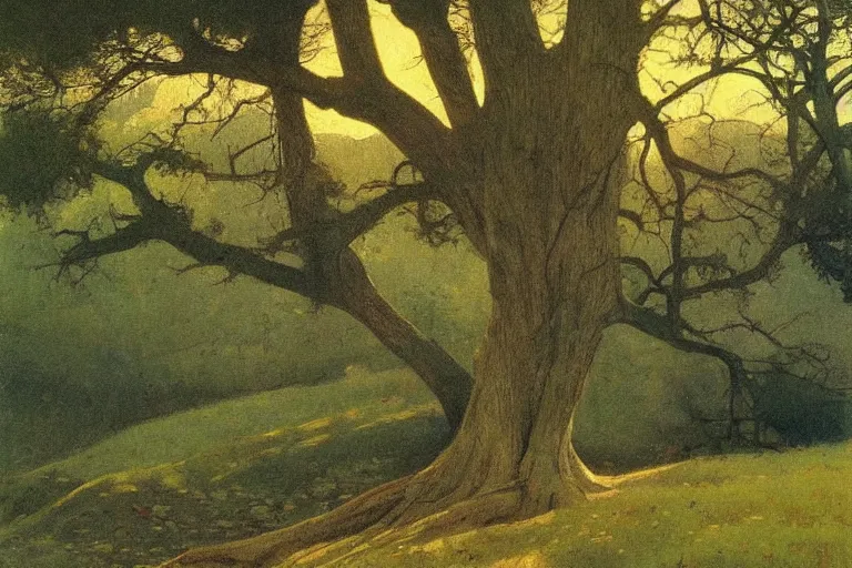 Prompt: masterpiece painting of oak trees on a hillside overlooking a creek, dramatic lighting, by jessie willcox smith