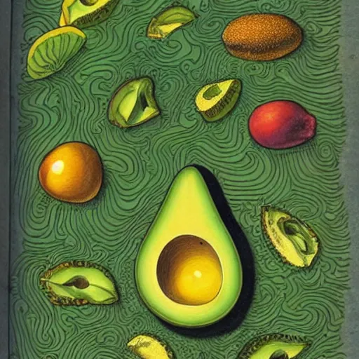 Prompt: a page from codex seraphinianus of how to merge emma watson with avocado