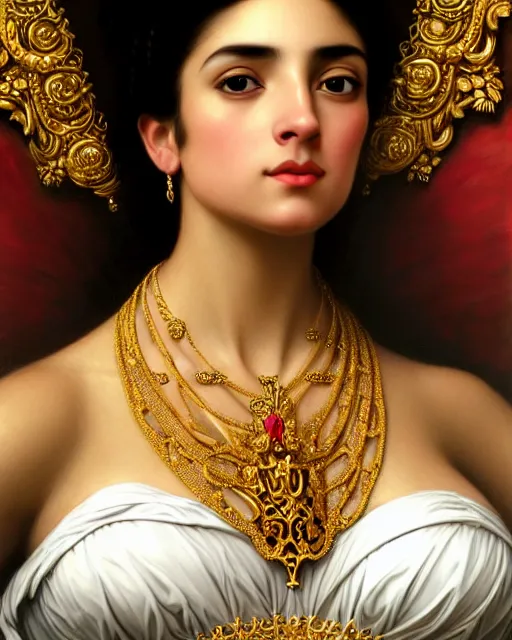 Image similar to photo of a gorgeous young latina woman wearing elaborate heavy baroque jewelry and crown and rococo ornaments in the style of stefan kostic, realistic, sharp focus, symmetric, 8k high definition, insanely detailed, intricate, elegant, art by stanley lau and artgerm, William-Adolphe Bouguereau, Penelope Cruz