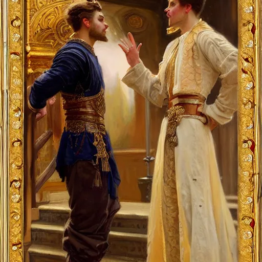 Image similar to attractive fully clothed king confesses his love for his attractive fully clothed male prince. highly detailed painting by gaston bussiere and j. c. leyendecker 8 k