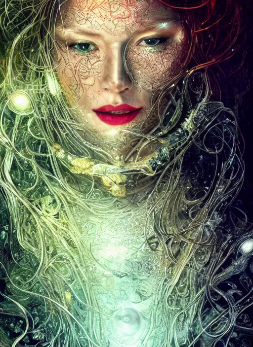 Image similar to glowing silver and golden elements, full close-up portrait, female model, dark witch, book cover, green forest, white moon, red lips, establishing shot, extremly high detail, photo-realistic, cinematic lighting, pen and ink, intricate line drawings, by Yoshitaka Amano, Ruan Jia, Kentaro Miura, Artgerm, post processed, concept art, artstation, matte painting, style by eddie, raphael lacoste, alex ross