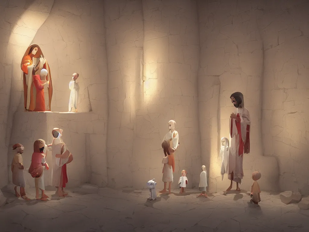 Image similar to the finding of the child jesus in the temple after 3 days, by goro fujita, trending on artstation, 8k, highly detailed, digital graphic art