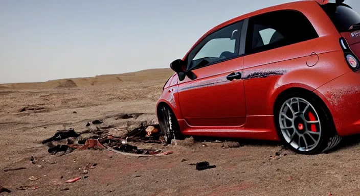 Image similar to a wrecked 2 0 1 0 abarth 5 0 0, abandoned in a desert, dusty, damaged, some rust