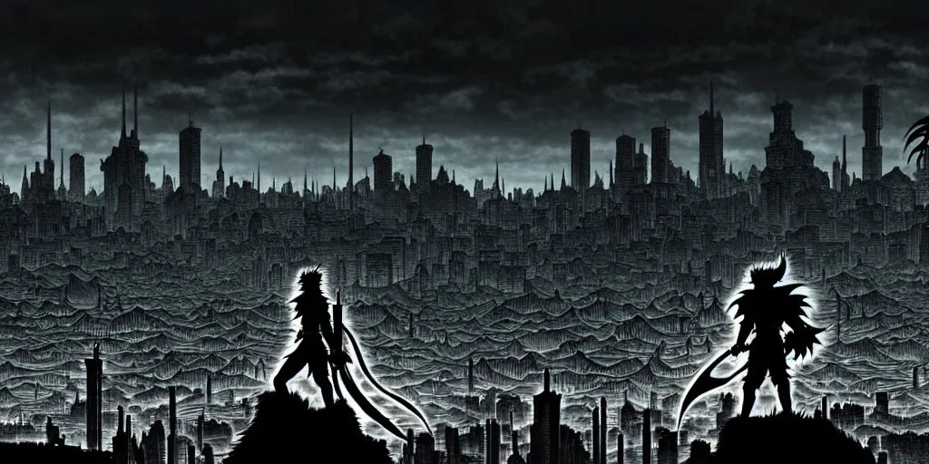 Image similar to Big city, huge cat monster silhouette in the background, in the style of Kentaro Miura, Berserk, landscape, hyperdetailed, ultra quality, 4k, ultra details