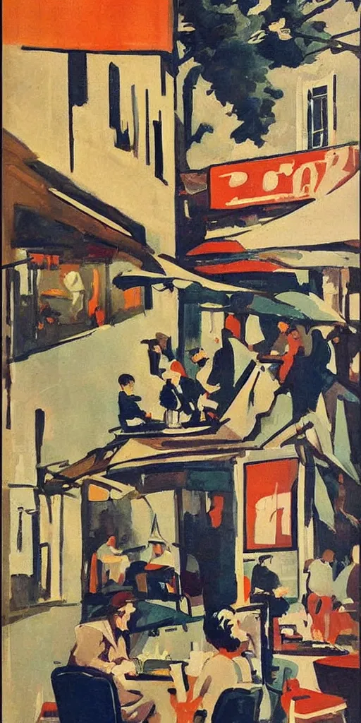 Image similar to A 1950’s poster of a a French artist painting plein air at a coffee shop on street in Paris in art deco style