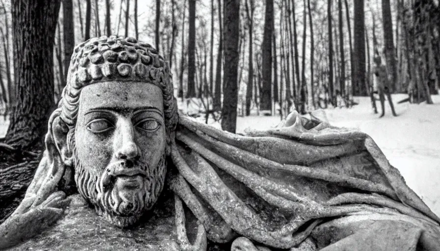 Prompt: 1 9 6 0 s movie still close up of a skinny emperor marcus aurelius with frozen face and a frozen toga, laying down on the danube's shore pine forests, cinestill 8 0 0 t 3 5 mm b & w, high quality, heavy grain, high detail, texture, dramatic light, anamorphic, hyperrealistic, foggy