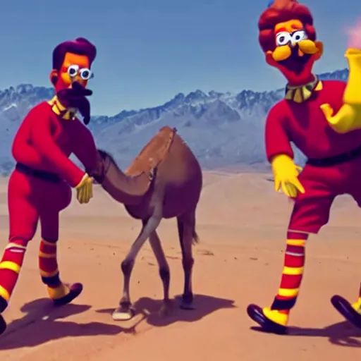 Image similar to Ned Flanders, Ronald McDonald, and Mr. Krabs storming Area 51 while riding on a camel wearing a basketball jersey