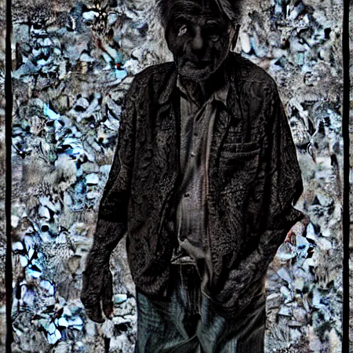 Image similar to detailed half body digital art of a old person wearing ragged and ruined clothes. the background is pure black with a little bit of glow behind the character